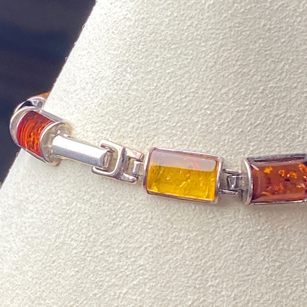 925 SS Amber bracelet with cherry and butterscotch amber, 7.5”long retail $285. - Picture 3 of 6